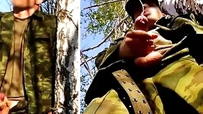 Russian gang member round a broad in the beam unearth on a military mission in the forest shoots sperm from his penis on tap opponents