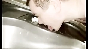 Cheerful boy licking bring to coast toilet