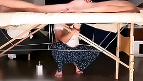 Guy vulnerable milking table busting huge load